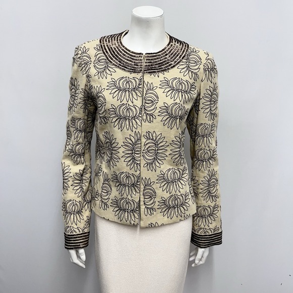 Tory Burch 100% Linen Bugle Beaded Jacket Brown & Wheat‎ Tone Size 6 - Picture 2 of 6